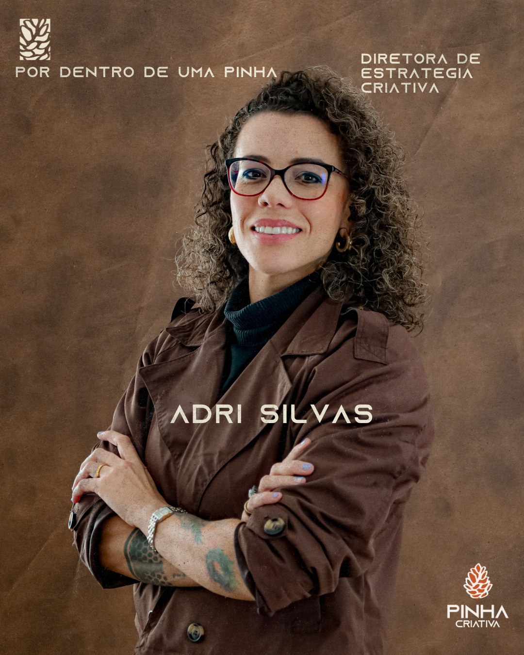 Arte de apresentação de Adri Silvas, Diretora de Estratégia Criativa, da Pinha Criativa